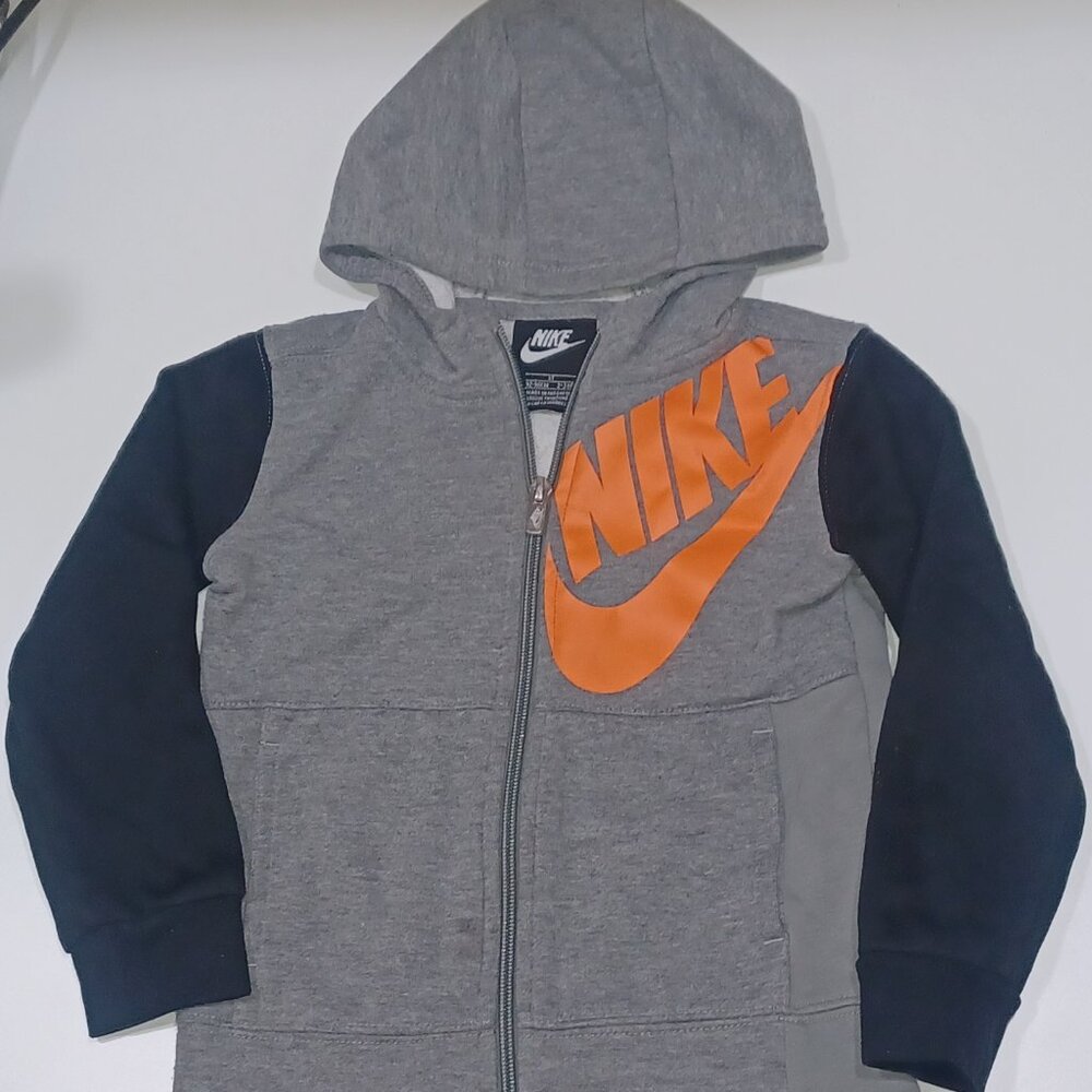 Nike Toddler 3T Grey Zip Up Hoodie with Black Sleeves and Orange "Nike" & Logo